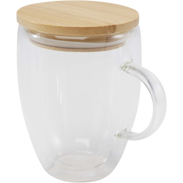 Logotrade Werbegeschenke das Foto: Leona 350 ml Glasbecher mit Bambusdeckel