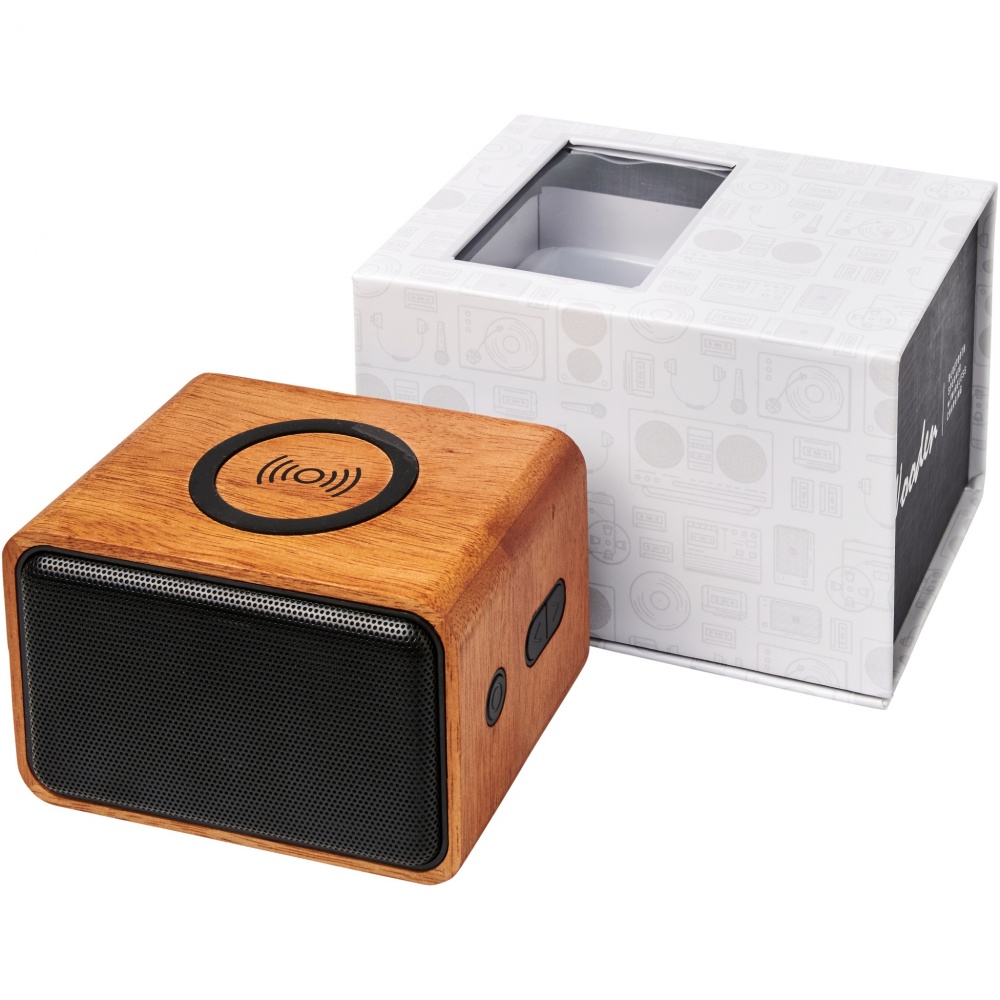 Logo trade corporate gifts picture of: Wooden 3W speaker with wireless charging pad