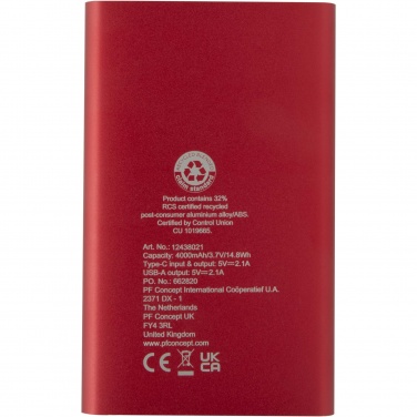Logotrade business gifts photo of: Pep 4000 mAh Type-C recycled aluminium power bank 