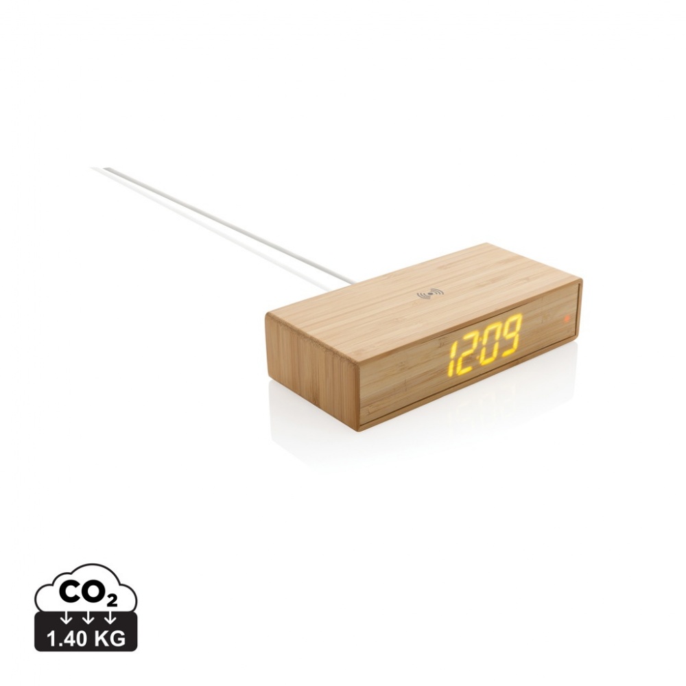 Logo trade promotional merchandise picture of: Bamboo alarm clock with 5W wireless charger