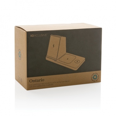 Logo trade promotional items image of: Ontario recycled plastic & bamboo 3-in-1 wireless charger