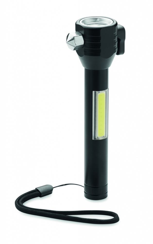 Logotrade promotional product image of: 3-in-1 aluminum flashlight with an emergency hammer and seatbelt cutter, customizable with printing