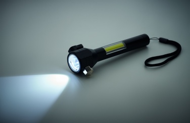 Logo trade promotional merchandise image of: 3-in-1 aluminum flashlight with an emergency hammer and seatbelt cutter, customizable with printing