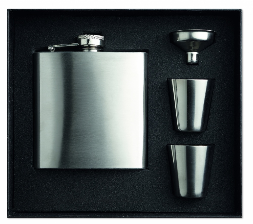 Logo trade promotional giveaways picture of: Slim hip flask w 2 cups set