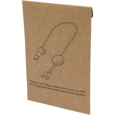 Logotrade corporate gift image of: Chechia 5-in-1 recycled plastic 30 cm data sync and 27W fast charge cable with bamboo details