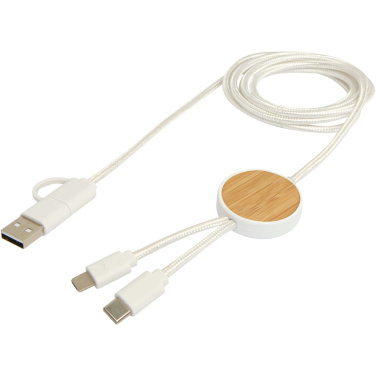 Logotrade promotional item picture of: Chechia 5-in-1 recycled plastic 150 cm data sync and 27W fast charge cable with bamboo details