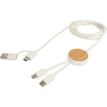 Logo trade business gifts image of: Chechia 5-in-1 recycled plastic 150 cm data sync and 27W fast charge cable with bamboo details