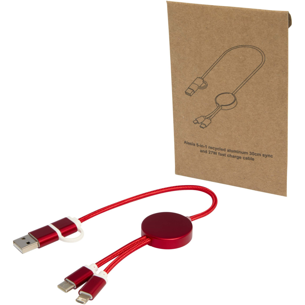 Logo trade promotional item photo of: Alasia 5-in-1 recycled aluminium and plastic 30 cm data sync and 27W fast charge cable