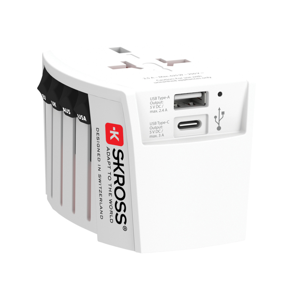Logotrade reklaamkingitused pilt: SKROSS World Travel Adapter MUV 2-pooluseline USB A ja C-ga