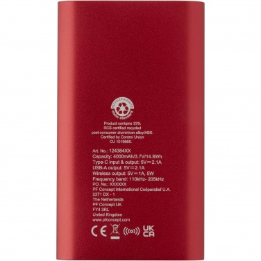 Logotrade logo dāvanas foto: Juice 4000 mAh C tipa pārstrādāta alumīnija bezvadu barošanas banka 